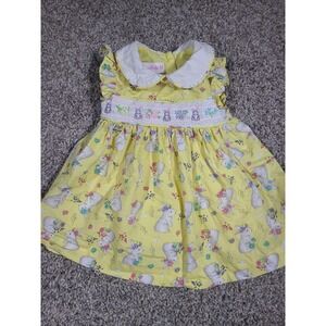 Bonnie Baby Lulu Bunny Smocked Dress - Yellow Floral Bunny Print - Size 0-3m